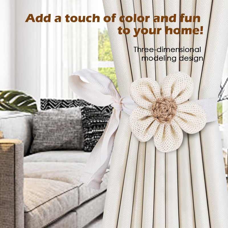 SRG 4pcs Handmade Rope Curtain Tiebacks | Boho Flower Curtain Holdbacks | Simple Elegant Sunflower Curtain Holders | Boho Bedroom Decor(Cream&Khaki) - Image 2